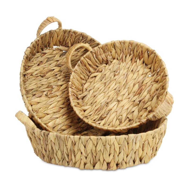 HomeRoots Set of Three Natural Water Hyacinth Round Basket Trays - Small/Medium/Large