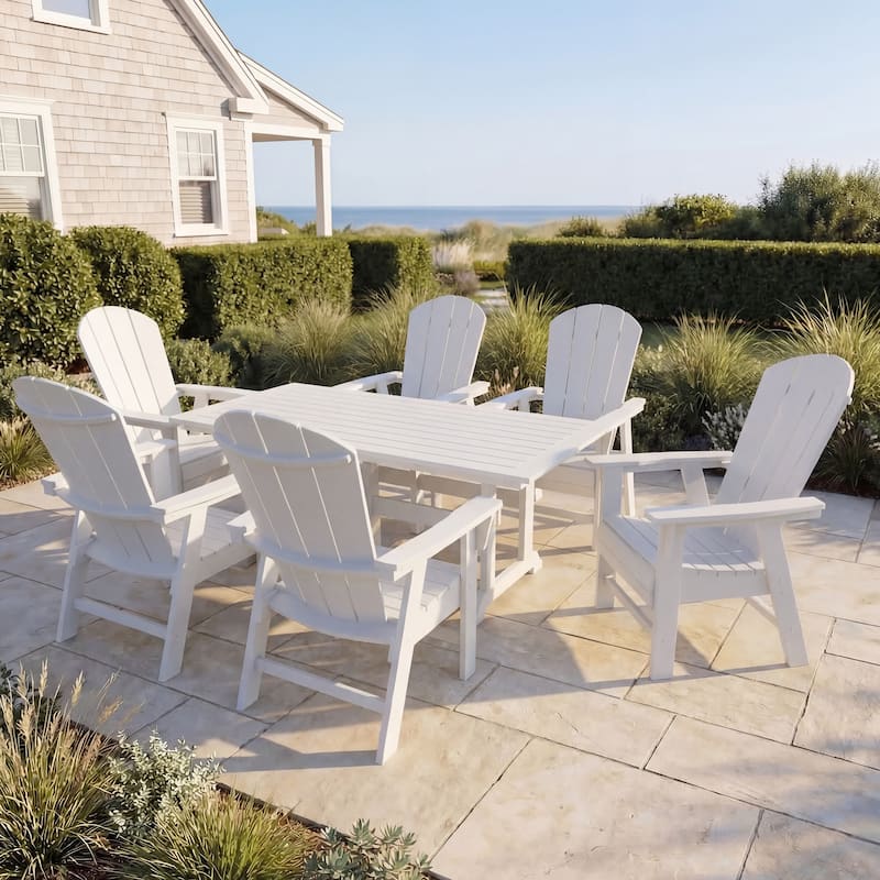 Laguna Hdpe All Weather Outdoor Patio Rectangular Adirondack Dining Chairs With Table (7-Piece Set) - White