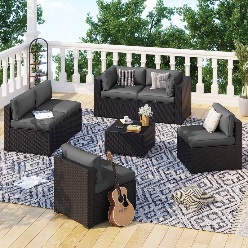 AOXUN Wicker Rattan Outdoor Sectional Sofa Set with Coffee Table - 7 pcs - Black-Dark Grey