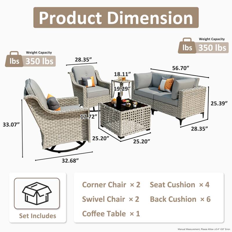 OVIOS 6 Pieces Outdoor Wicker Swivel Chair Set With Solar-Powered Coffee Table