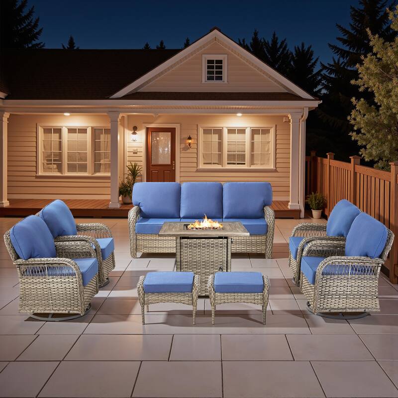 Pocassy Patio Outdoor Fire Table with Sofa Ottoman Swivel Chair Set. - Gray Wicker Blue Cushion - 8-Piece Sofa Swivel Chair Ottoman w/ Fie Table