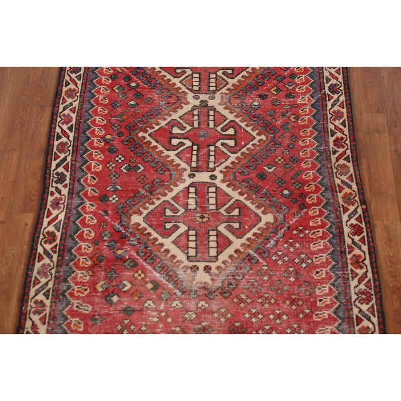 Hand Knotted Oriental 100% Wool Carpet Traditional Tribal Red Shiraz Runner Rug - 9' 4'' X 3' 5''