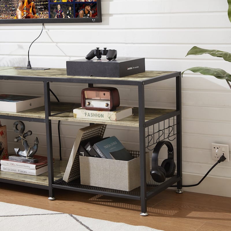 VECELO Wood TV Stand with Charging Station with Metal Frame, Storage Shelves Entertainment Center TV Cabinet
