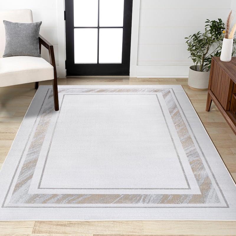 JONATHAN Y Draper Classic Border Marble Pattern High-Low Rug - 2 X 8 - Silver/Gold