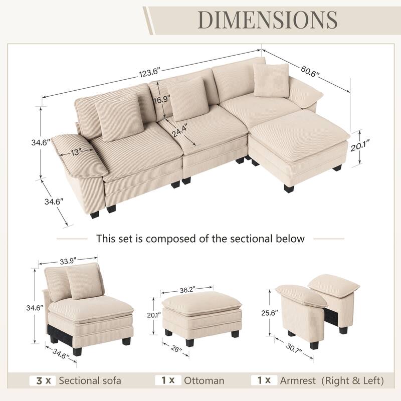 MAISON ARTS Modular Cloud Sectional Sofa, Comfy L- or U-Shaped Couch with Ottomans & Pillows, 4–6 Seat Living Room Sofa