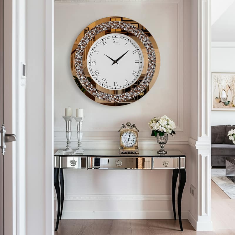 Glam Crush Diamond Inlay Round Wall Clock Decorative Mirror Clock