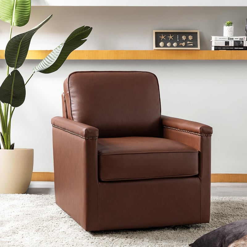 Rita Classic Genuine Leather Swivel Armchair With Nailhead Trims By HULALA HOME - Brown