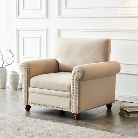 Modern Fabric Upholstered Sofa with Wood Leg, Rolled Arm Single Seat with Nails