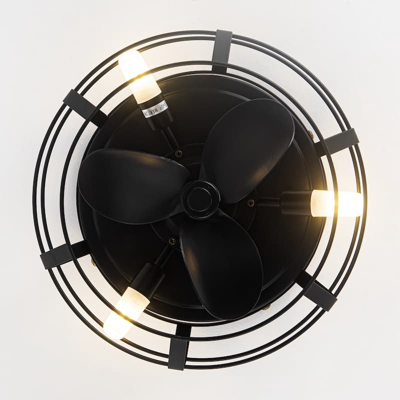 Industrial 3-Light Metal Caged Low Profile Ceiling Fan with Light