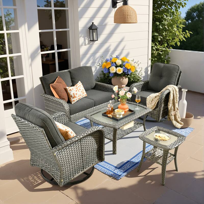 OVIOS 5 Piece Outdoor Wicker Loveseat Rocking Chair Set - Black