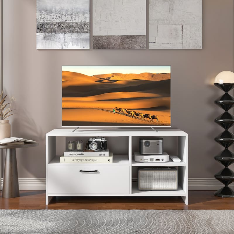 White Engineered Wood Console Table Stand with Drawer and Open Storage for 50 inches Flat Screens - 41" x 20.5" x 20.5"
