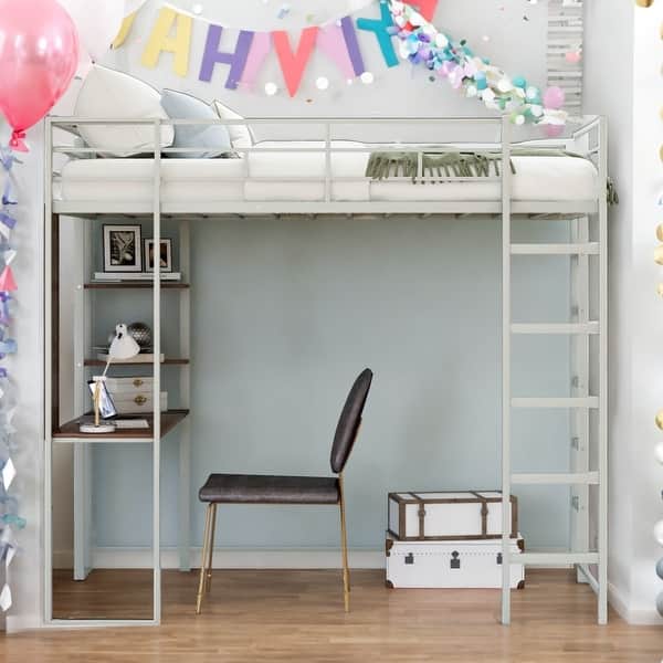 slide 2 of 9, Twin Size Metal Loft Bed With 2 Shelves And 1 Desk,2 Built-in Ladders,Solid Construction Silver