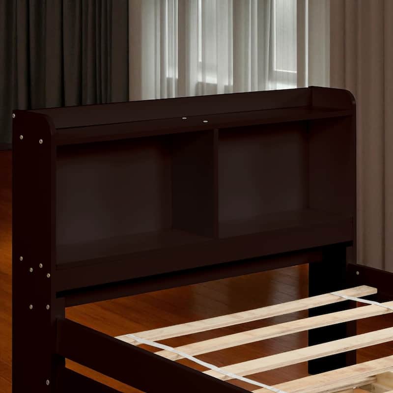 Twin/Full Bed Frame with Pull-Out Trundle and Bookcase Headboard, No Box Spring Needed