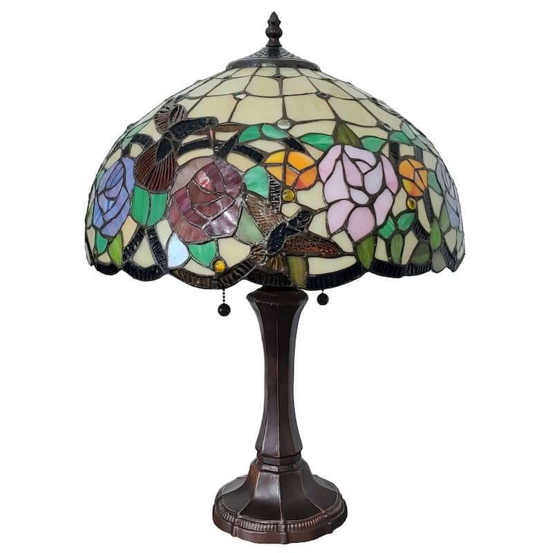 Dark Brown Metal Candlestick Table Lamp with Multi-Color-Stained Glass - 12” x 21” x 23” (D x W x H)