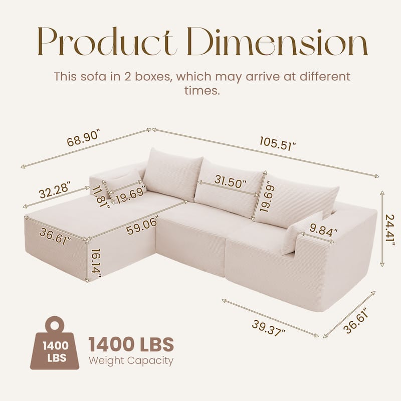 Oversized L-shaped Plush Corduroy Couch, Sectional Sofa with Deep Cushions and Chaise Lounge