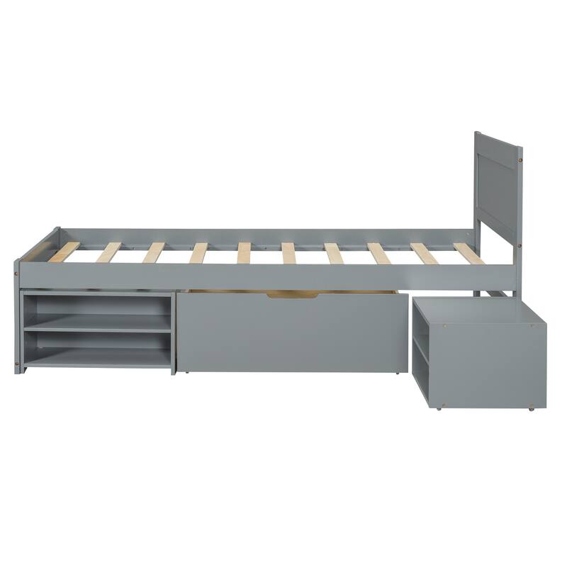 Platform bed with drawers and two shelves