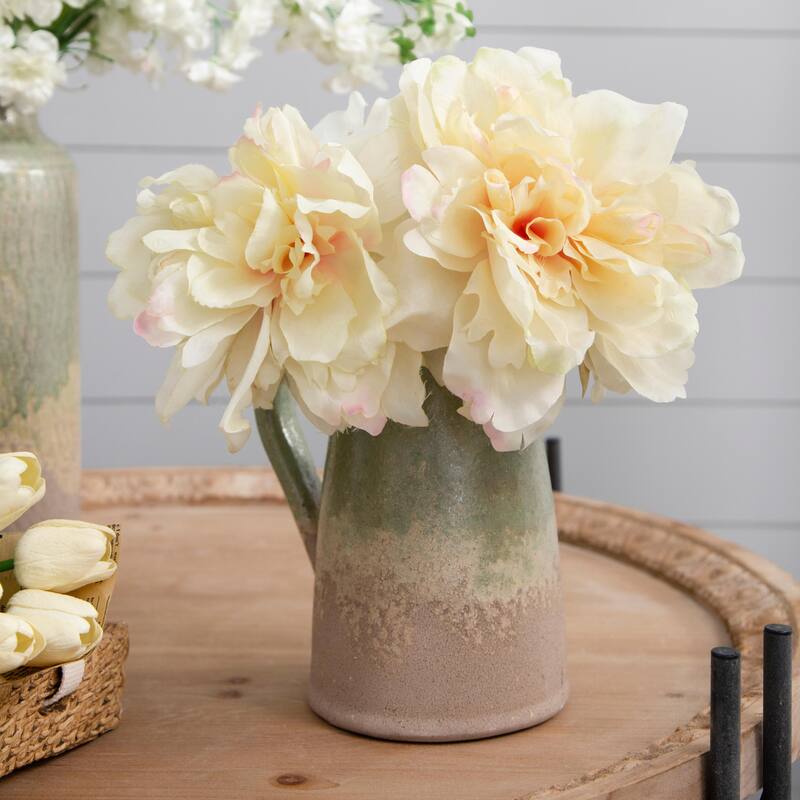 4 Pack Faux Peony White with Pink, Delicate Artificial Flowers - White/Pink