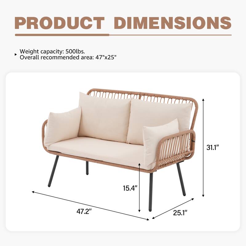 Outdoor Wicker Double Chair with Cushions Conversation Furniture Set