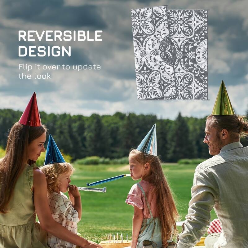 Reversible Outdoor Rug Gray White Floral Waterproof Foldable Camping RV Patio Picnic Mat - 107.75" W x 143.75" L