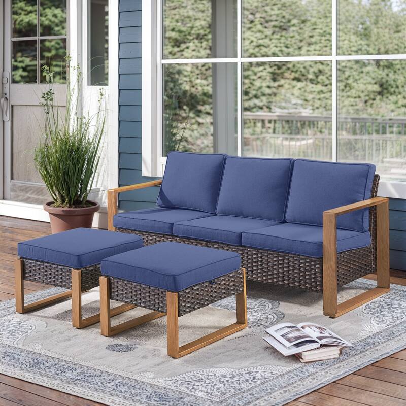 Gymojoy Outdoor Wicker Patio Furniture Sofa Set - 3-Piece Sofa Set - Ottomans - Brown Wicker / Blue Cusion