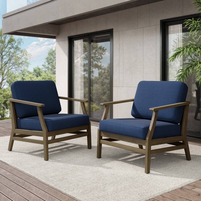 Teak Outdoor Patio Club Chairs Loveseat with Cushions - Natural Wood - 2 chairs/Navy