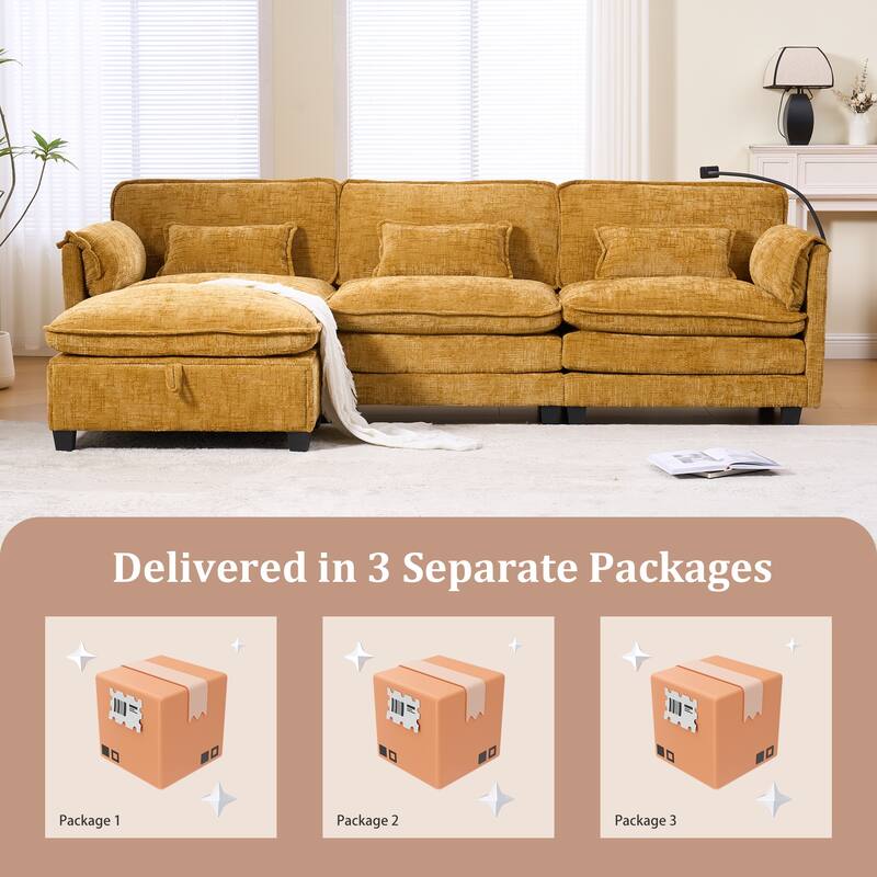 GALDWIN Chenille Upholstered L-shaped Modular Sectional Sleeper Sofa with Movable Storage Ottoman,USB&Type-C