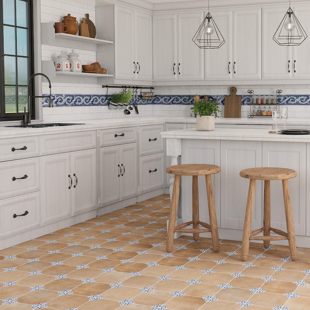 Merola Tile Degas Teja with Blue Deco 8-7/8" x 8-7/8" Porcelain Floor and Wall Tile