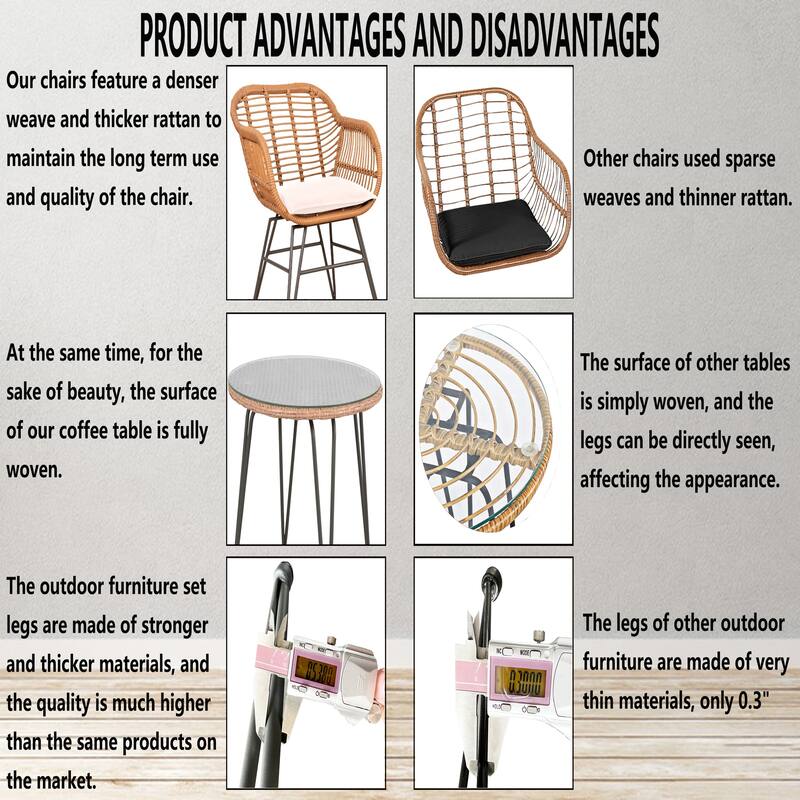 Outdoor Wicker Chairs Conversation Set with Cushions (Set of 3) - 21.26''L x 23.62''W x 31.5''H