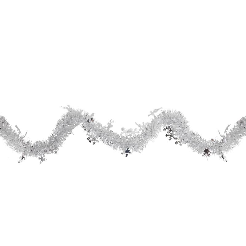 50' x 2" White Silver Christmas Tinsel Garl with Snowflakes - Unlit