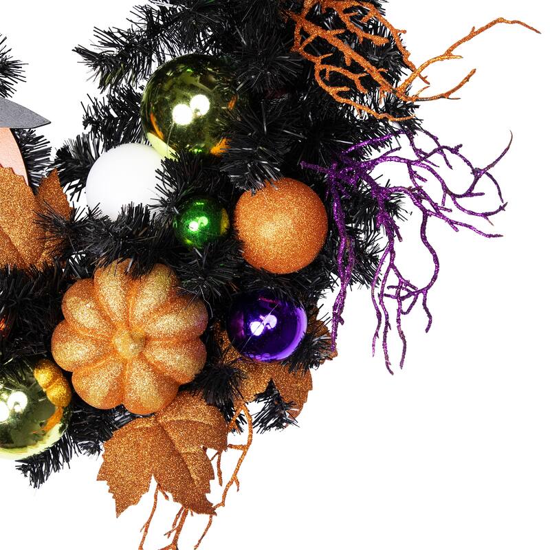 Jack-O-Lantern in Witches Hat Halloween Pine Wreath, 24-Inch, Unlit