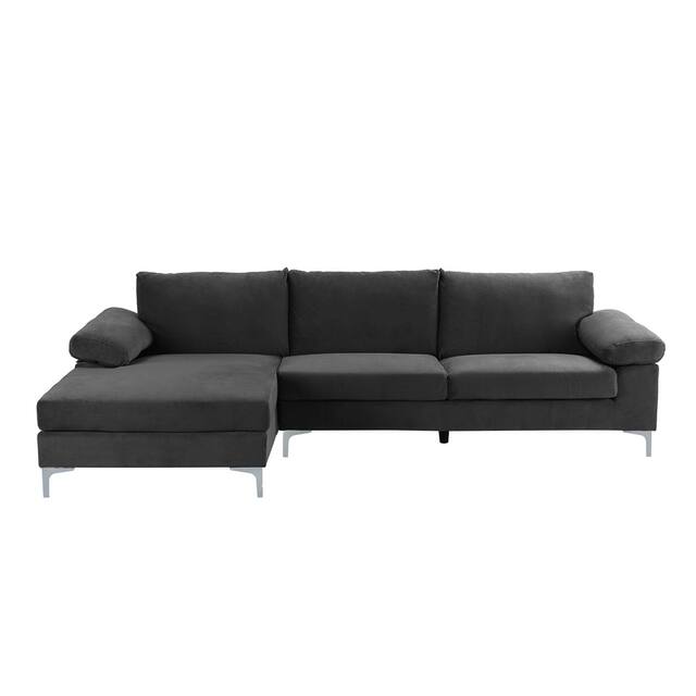 Velvet Upholstered L-Shape Sectional Sofa - Dark Grey