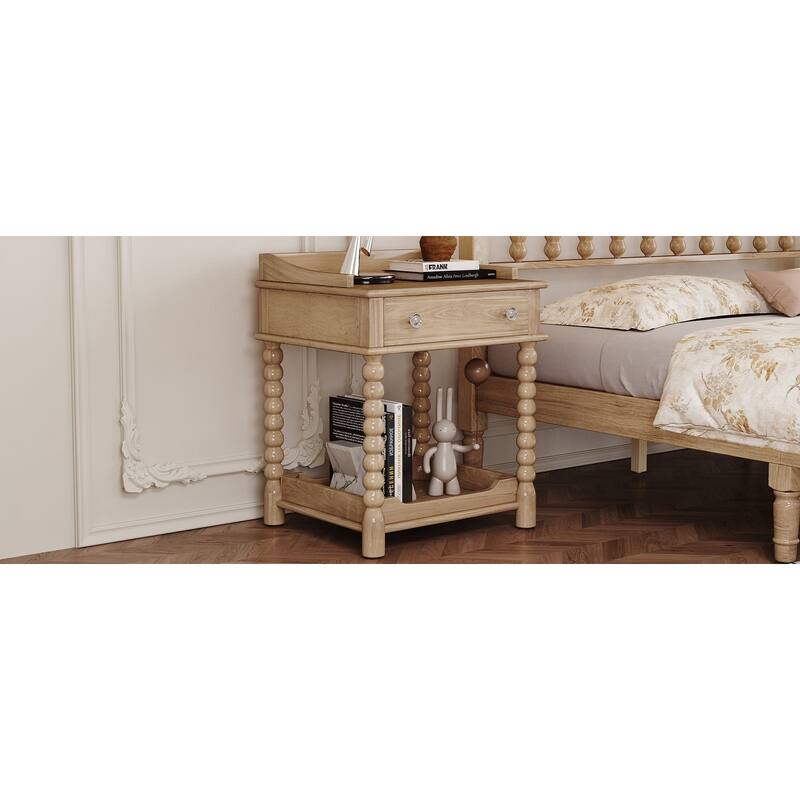 Retro Style Nightstand with Drawer & Open Shelf - Turned Legs Bedside Table with Metal Handle (Natural)