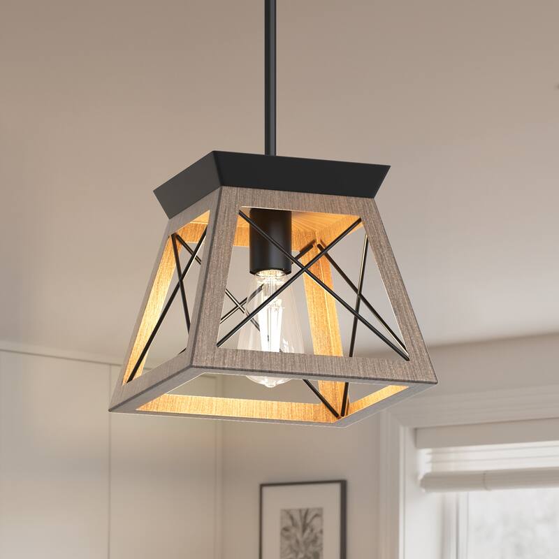YANSUN Light Wood Industrial Pendant Light with Iron Rods, Adjustable Height