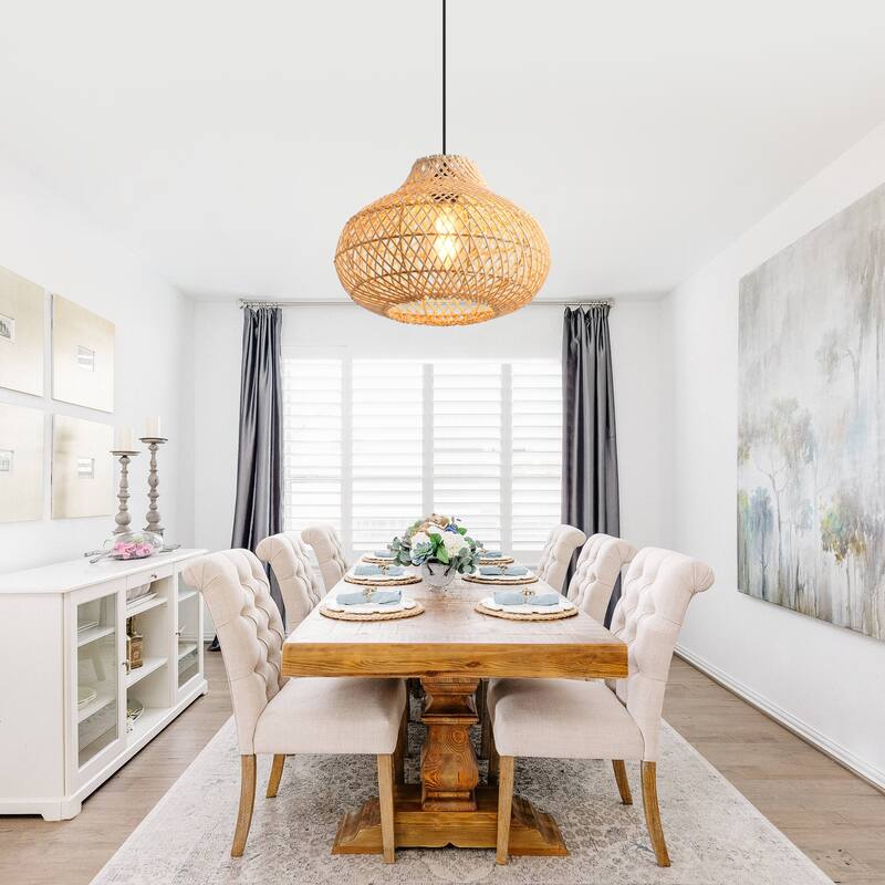 1-Light Boho Brown Rattan Hand-Woven Cloche Hanging Basket Pendant Light - 18.9" W x 59" H