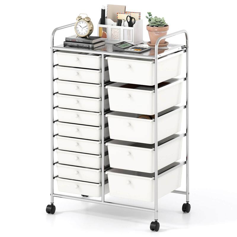 Costway 15-Drawer Trolley with Chrome Plated Metal Frame & Lockable - See Details - White