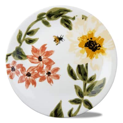 Bee Floral Ceramic Appetizer Plates - Multicolor Dining Dishware, 8" x 8" x 1" - Perfect for Everyday Use