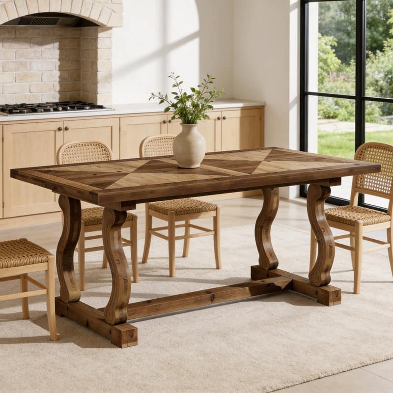 63" Solid Wood Dining Table for 4-6, Diamond Parquetry Top and S-Scroll Legs