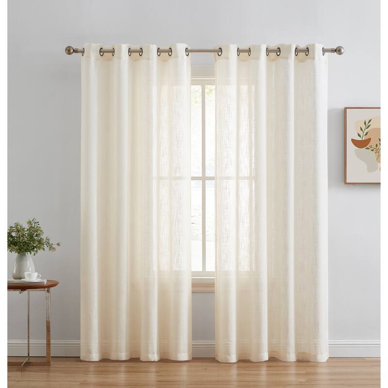HLC.me Abbey Faux Linen Textured Semi Sheer Privacy Light Filtering Transparent Window Grommet Curtain Panels, Pair - 54 W x 96 L per panel - Set of 2 - Oatmeal Beige
