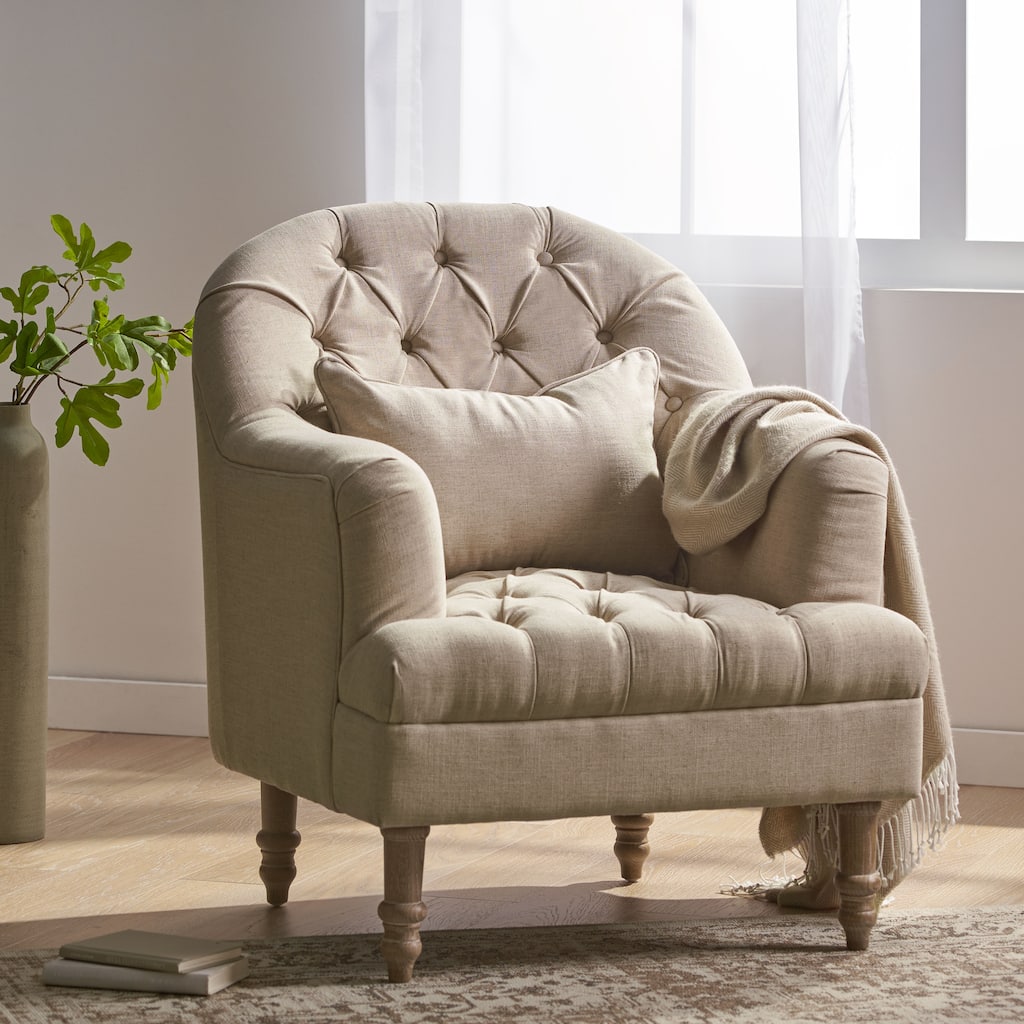Roomfitters Upholstered Tufted Accent Chair, Classic Armchair with Wooden Legs, Beige
