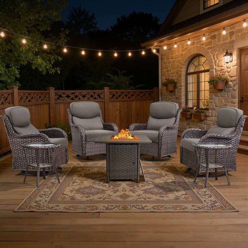 Meyreso 7-Piece Outdoor Patio Wicker Fire Pit 4 person Conversation Set with 5-Inch Thick Cushions - Gray Cushions - Brown Wicker