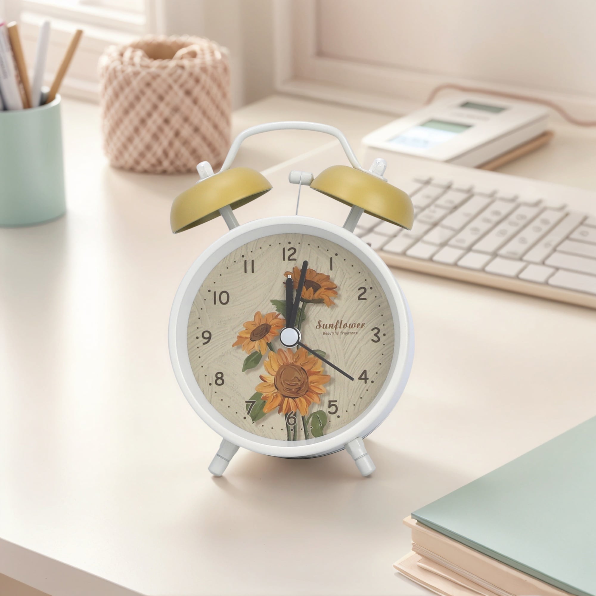 Metal Mechanical Alarm Clock, Loud Bell Ring, Elegant Floral Pattern, Ideal for Bedroom Nightstand 4.6"Lx2.2"Wx6.6"H