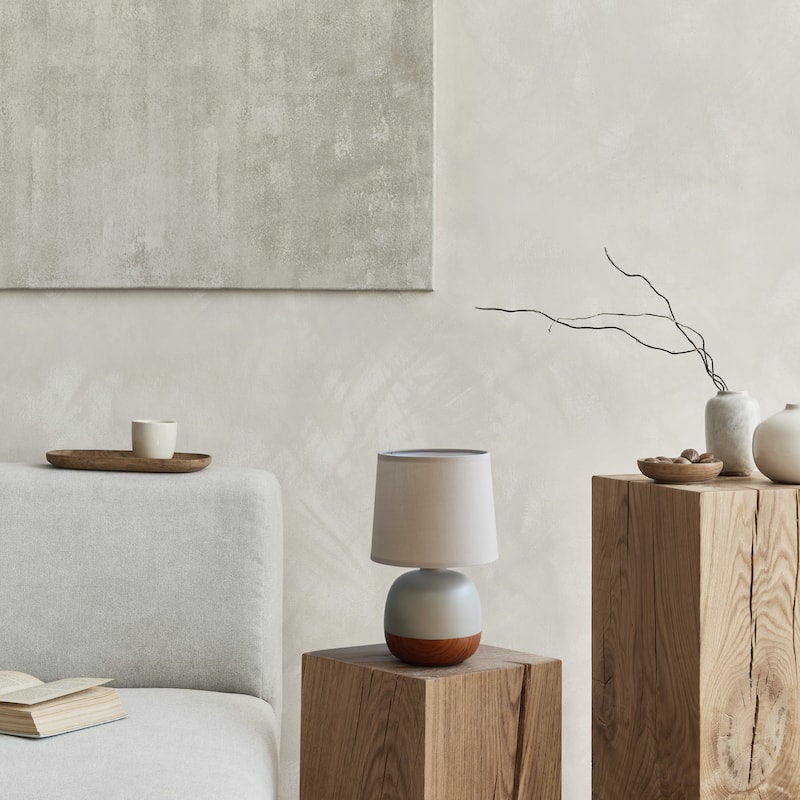 Simple Designs Petite Mid Century Table Lamp, Dark Wood and Light Gray - N/A