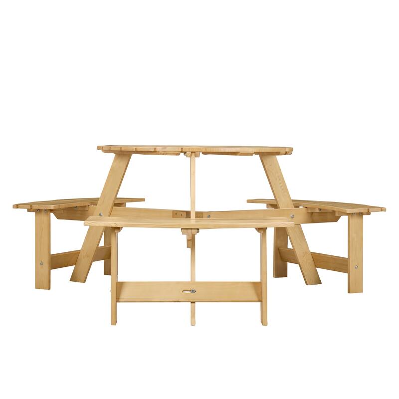 6-Person Outdoor Patio Wooden Round Picnic Table with 3 Built-in Benches and Umbrella Hole