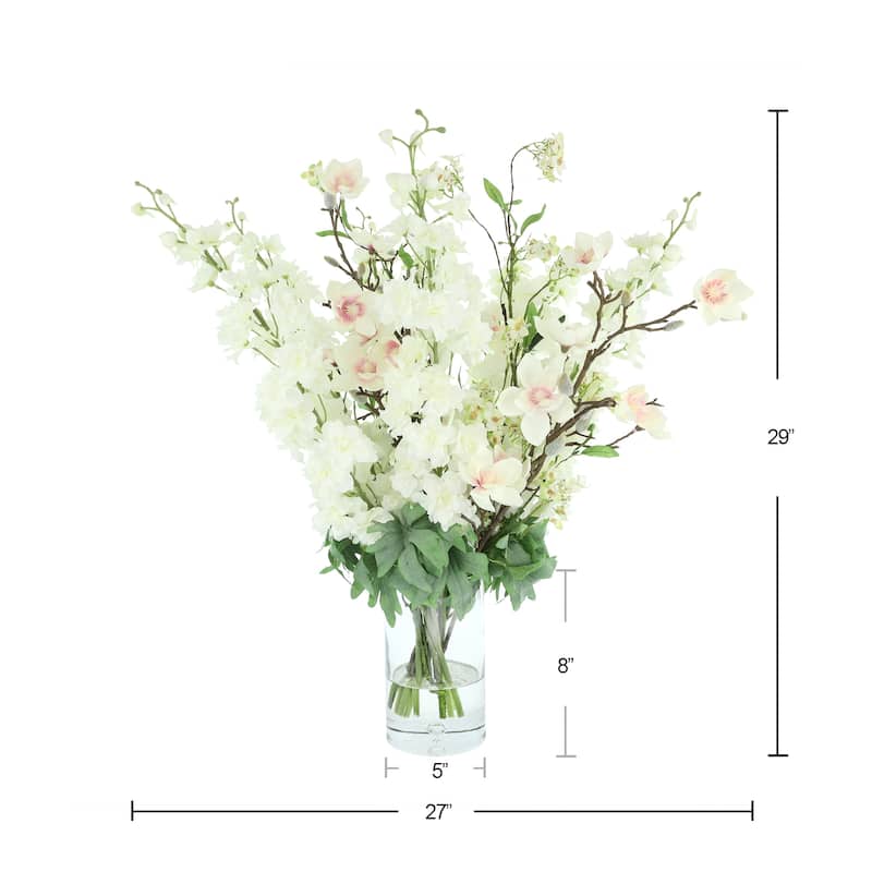 Delphinium and Cherry Blossom Arranged in Glass Vase - White