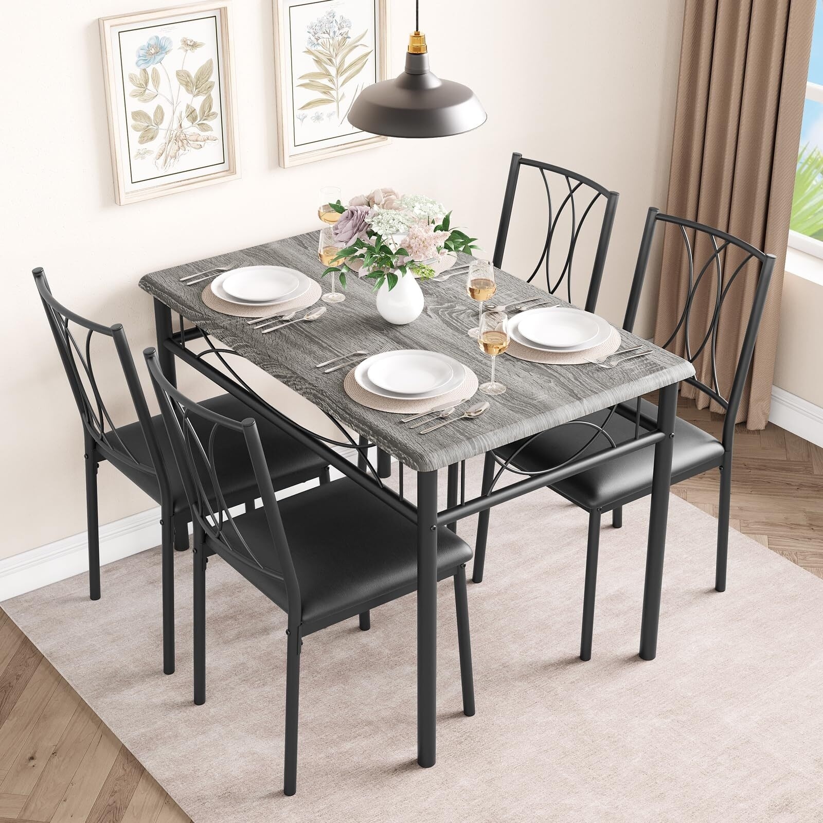 5 Piece Dining Table Set for 4 with 4 Upholstered Chairs