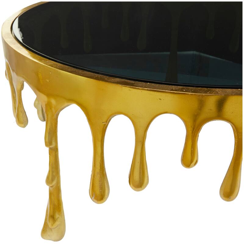 Aluminum Metal Abstract Drip Accent Table with Melting Design and Shaded Glass Top - Roche River Decor