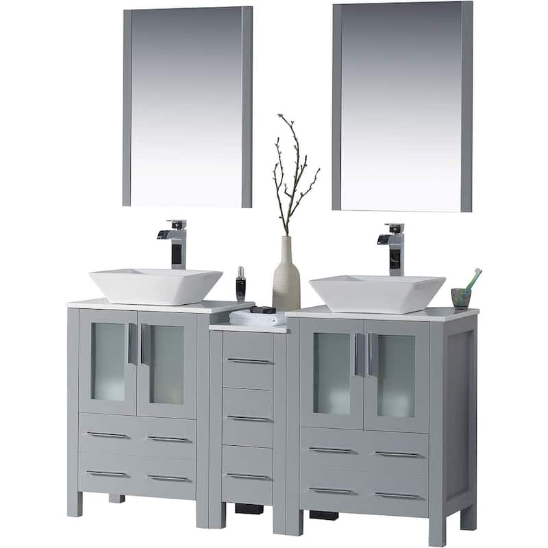Blossom Sydney 60 Inch Double Sink Vanity with Side Cabinet & Mirrors - Metal Grey