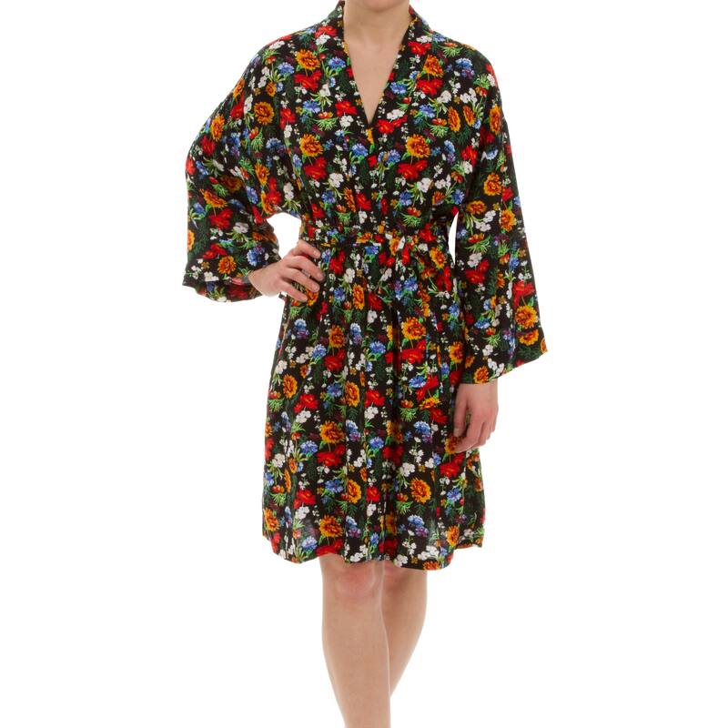 Leisureland Women's Ultra Soft Floral Robe - Black