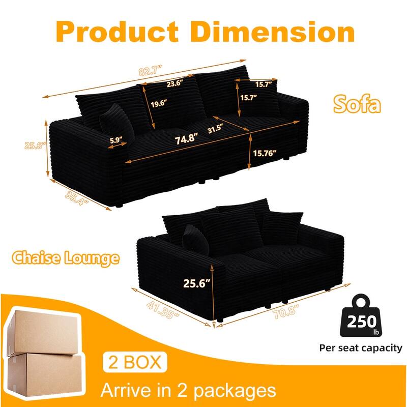 Plush Corduroy Upholstered 3 Seat Sofa , Convertible Deep Seat Lounge Sofa Chair, Cloud Sofa with 5 Soft Pillows