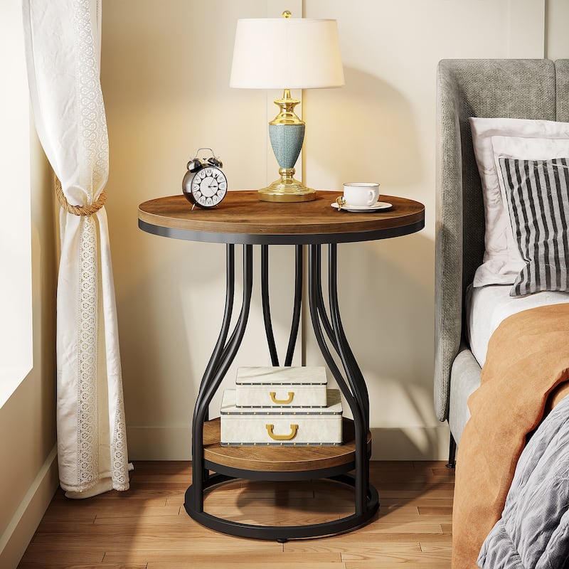 Small Round Side End Table with Storage for Living Room